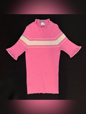 MARELLA Pink Ribbed Short-Sleeve Top with Cream Stripe